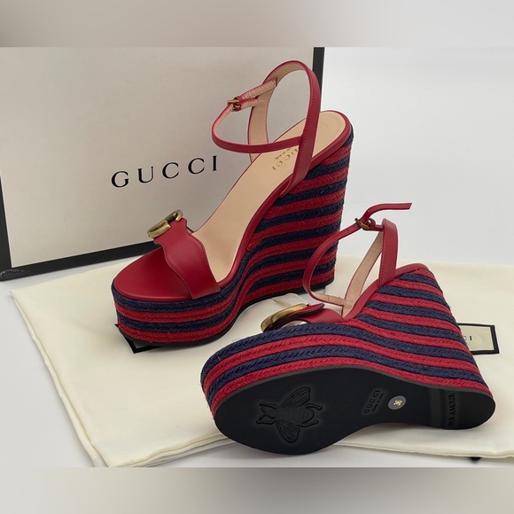 Authentic GUCCI Marmont Double G Leather Espadrille Platform Sandals - Picture 3 of 16